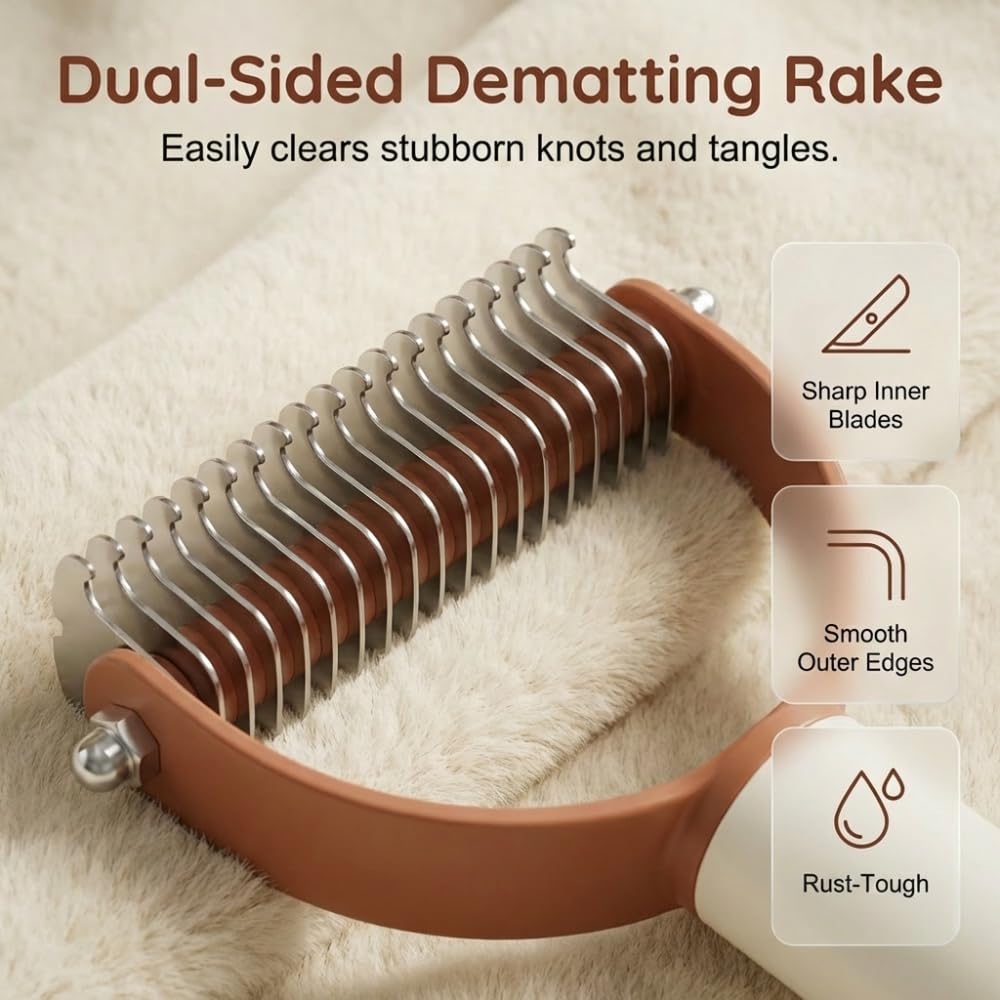 Double Sided Dematting Comb For Cats & Dogs, Undercoat Rake, Safe Deshedding Grooming Tool, Gentle Matt Remover Detangler For Long Thick Haired Pets, Ergonomic Pet Grooming Brush