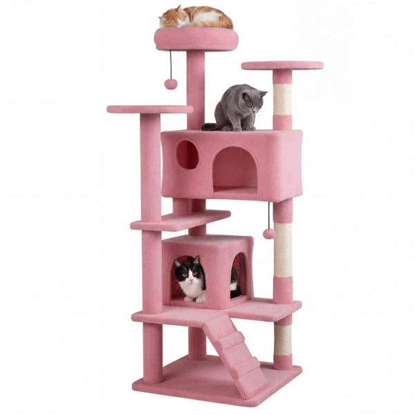 52" Tall Cat Tree Tower With Perches & Condos, Multi-Cat Playground With Scratching Posts (Pink)