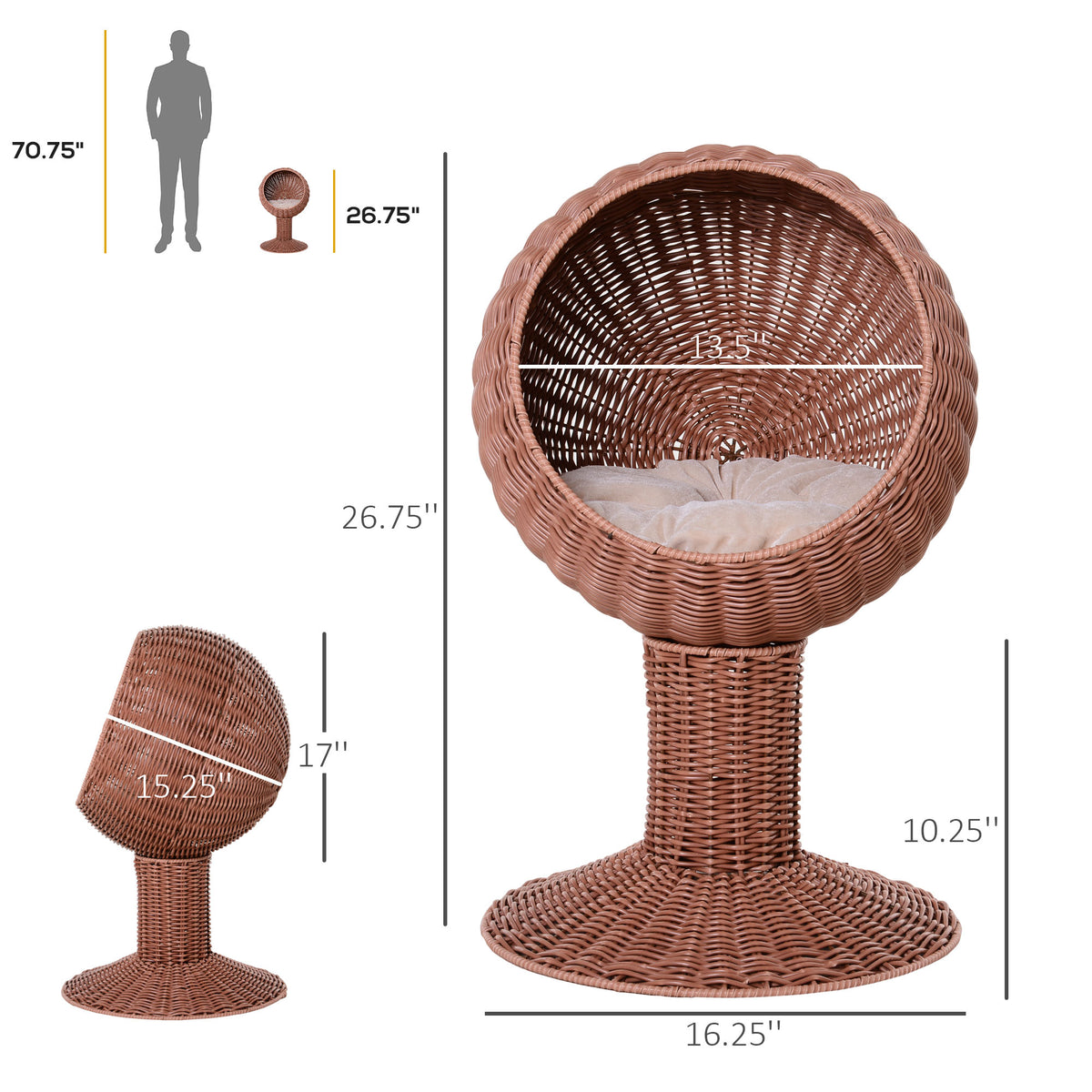 Elevated Cat Bed with Rotatable Egg Chair Pod, Cat Basket Bed with Thick Cushion, Natural Mat Grass Woven Kitty House, Brown
