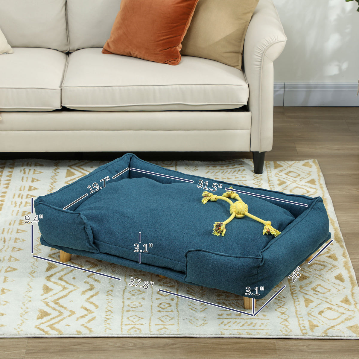 Raised Dog Couch with Comfortable Cushion, Pine Wood Legs, Foot Pads for Large-Sized Dogs Indoor Use, Dark Blue
