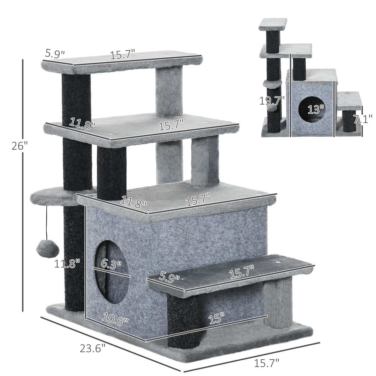 Adjustable Height 3 Step/4 Step Cat Stairs with Cat Scratching Post, Cat Condo, Toy Ball, for Bed, Sofa, Couch, Gray