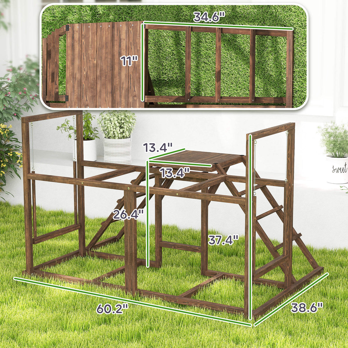 Chicken Activity Play Set with Multiple Chicken Perches, Swing, Ladder, Platform for 3-4 Chickens, Coffee
