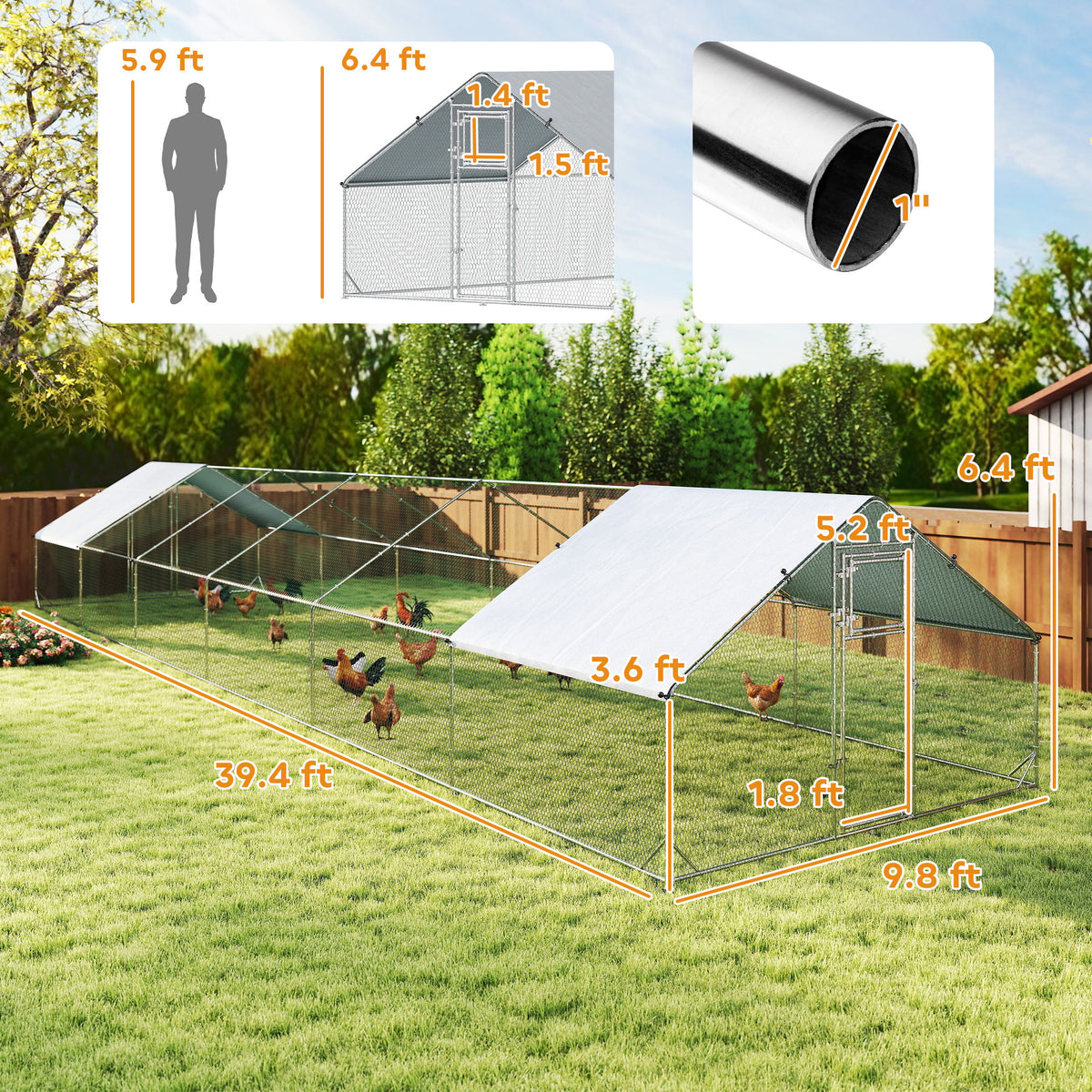 Large Chicken Coop with Waterproof and Anti-UV Cover, Spire Shaped for Outdoor and Yard Farm Use, 39 x 10 x 6.4