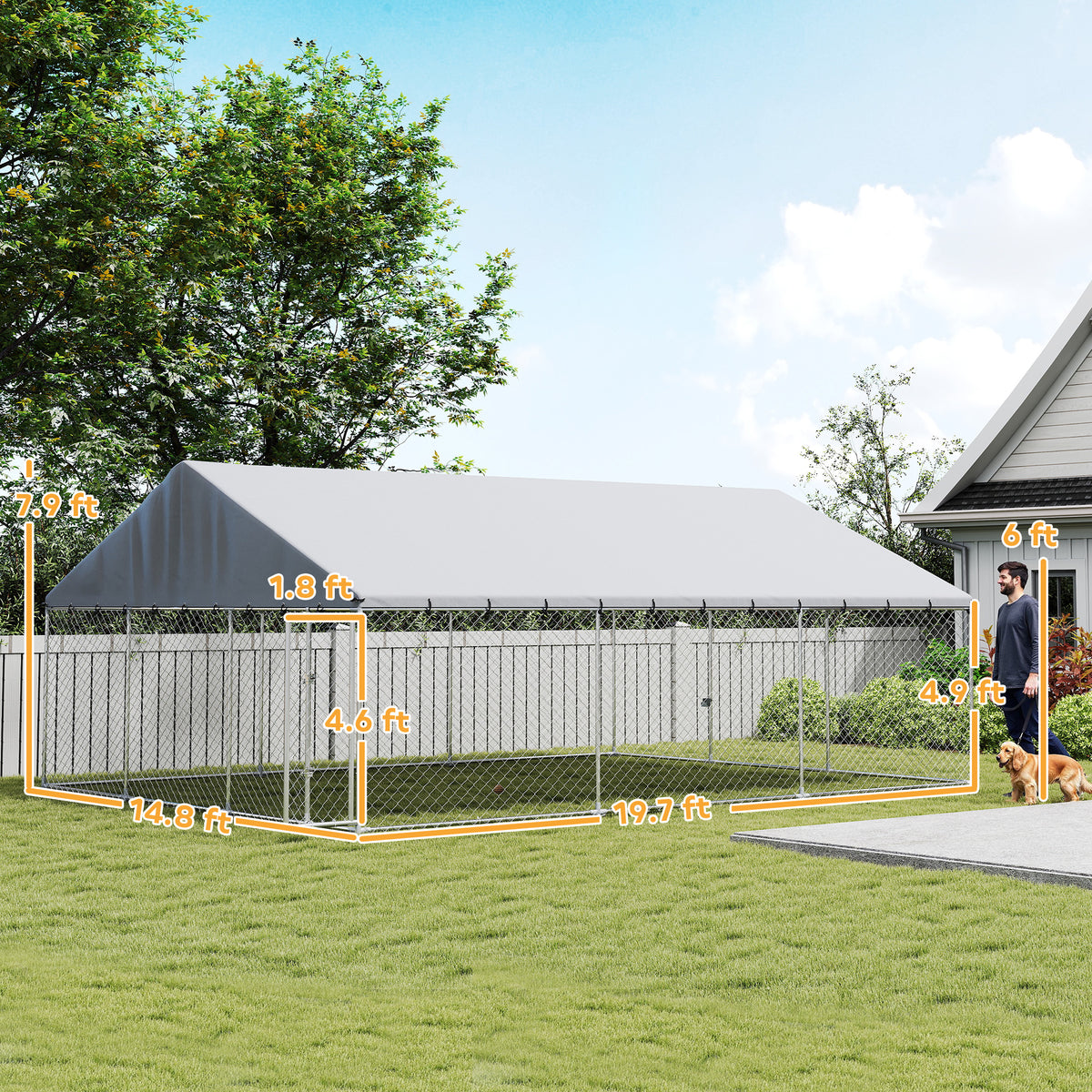 Heavy Duty Outdoor Dog Kennel with Waterproof Roof, 2 Secure Latches, Chain Link Dog Run for Backyard, 20 x 15 x 8