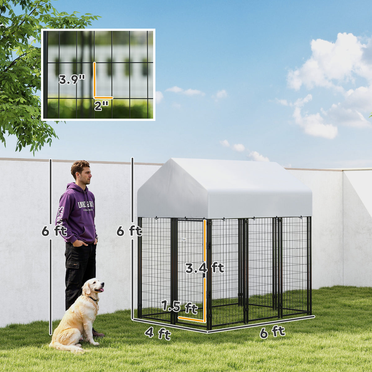 Outdoor Dog Kennel with Roof, 6 x 4 x 6 Heavy Duty Welded Wire Dog Playpen Enclosure with Escape-proof Lock