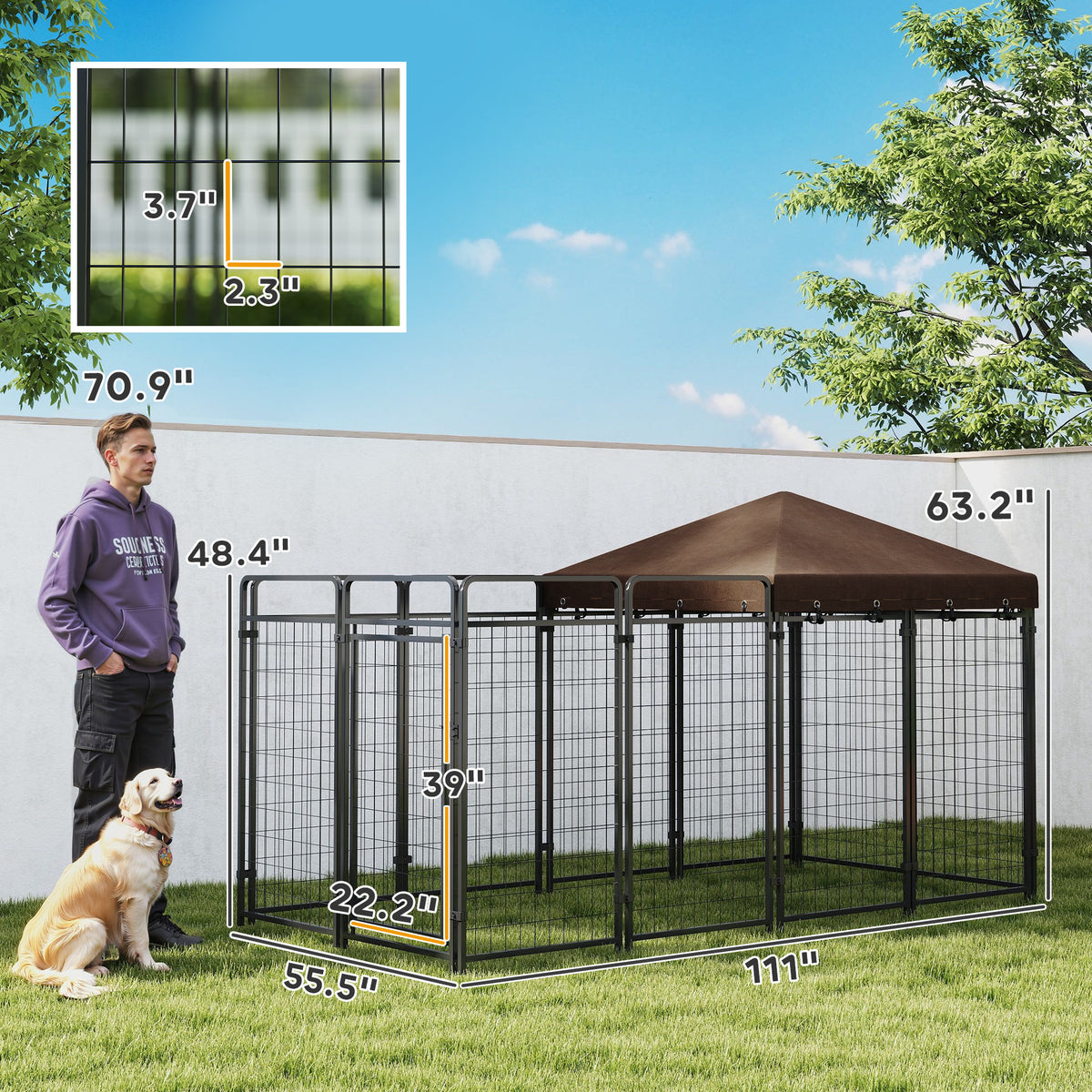 Dog Kennel Outdoor with Waterproof Canopy, Dog Run with Galvanized Chain Link, Secure Lock, for Backyard and Patio, Large and Medium Sized Breeds, Chickens, Ducks, 9.3 x 4.6 x 5.2