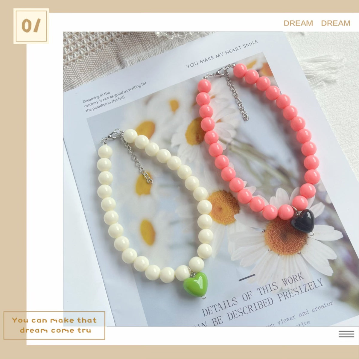Color-block Heart-gradient Necklace With A Cat
