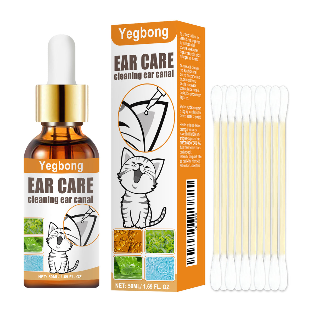 Yegbong Pet Ear Cleansing Liquid Cat And Dog Ear Mite Removal Cleaning Ear Drops For Cleaning Ear Canals And Deodorizing With Cotton Swabs