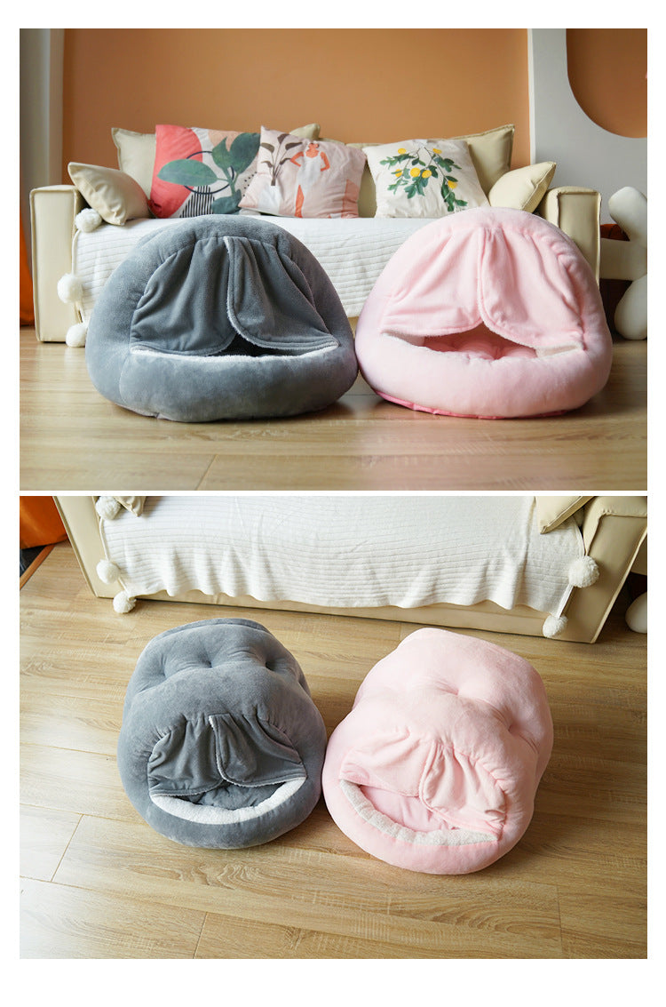 Short Velvet Mongolian Bag with Door Curtain Plush Comfortable Semi-Closed Pet Cat Kennel Supplies