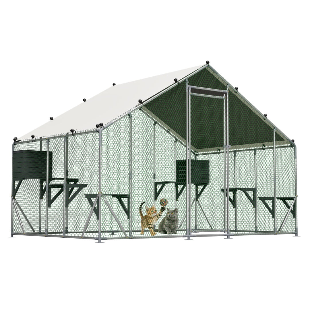 Extra Sturdy 3x2m Outdoor Metal Cat Cage -DIY Solid Wood Platform, Double Safety Lock & Enhanced Stability, Multi-Pet Use, Waterproof Tarp Included