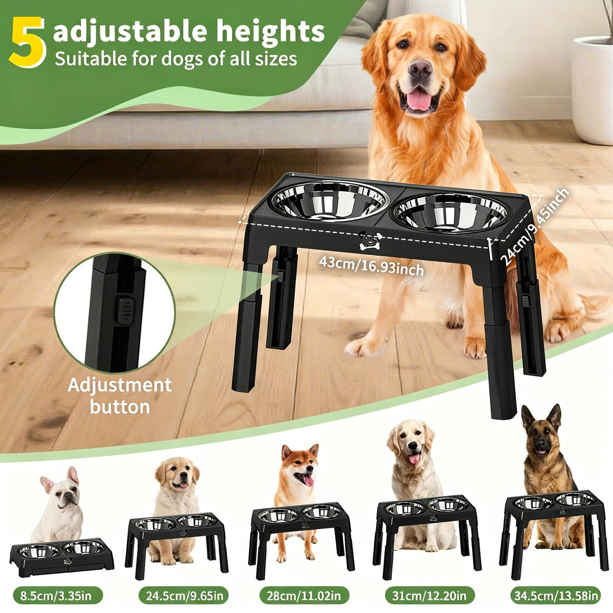 Elevated Dog Bowl 2 Stainless Steel Bowls, 5 Height Adjustable Stands Pet Medium And Large Dog Bowl Improves Digestion And Neck Support, Easy To Clean