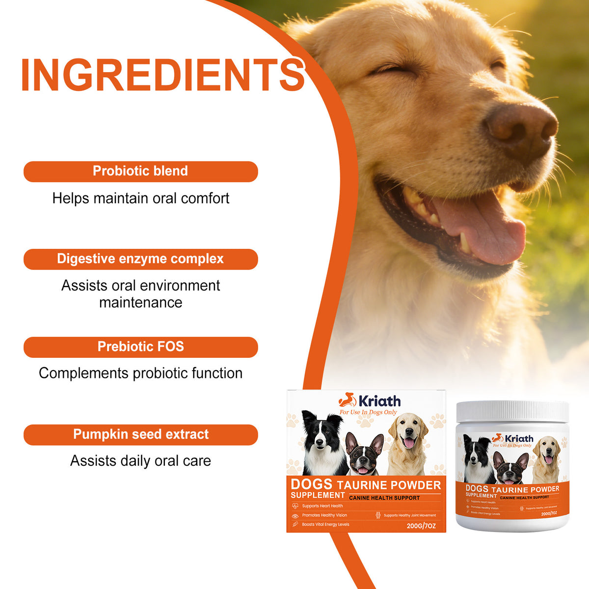 Kriath Taurine Powder Supplement For Dogs, A Nutritional Supplement For Daily Use, Suitable For Dogs Of All Ages