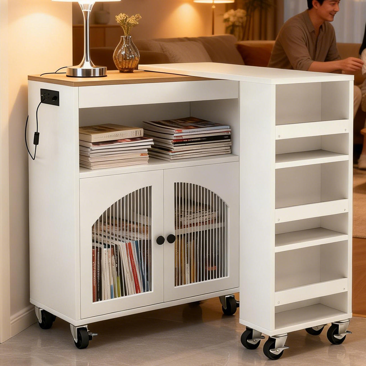 Kitchen Island On Wheels With Extended Table MDF Rolling Kitchen Storage Cart With LED Light Power Outlets 2 Fluted Glass Doors Side 3 Open Shelves White US Plug