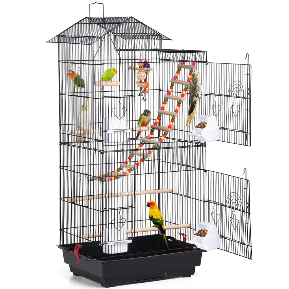 39"H Metal Bird Cage Large Roof Top Huge House for Small Birds, Black