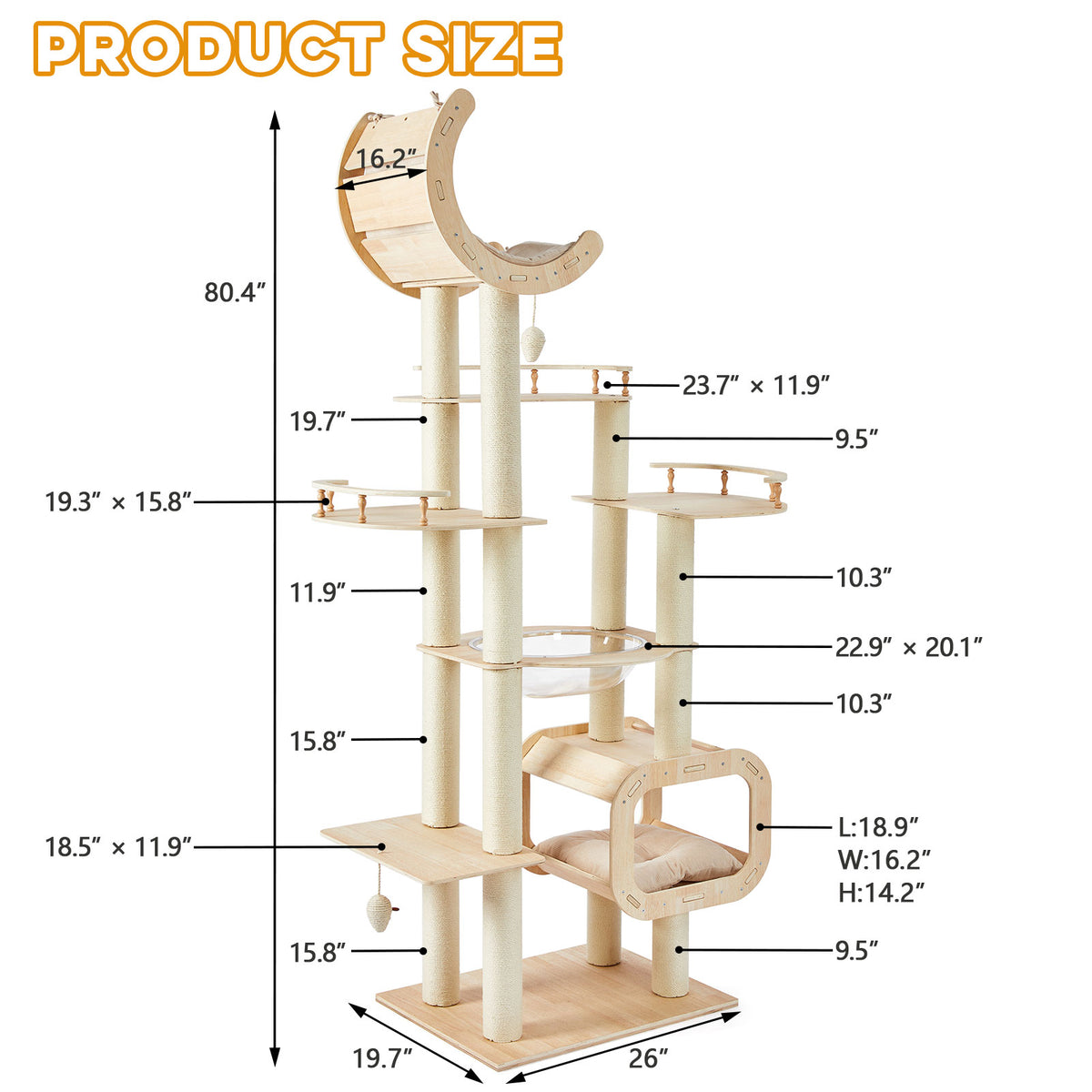 Heavy-Duty No-Drill Large Cat Tree-Solid Wood, 5-Story Multi-Column Cat Tower, 80.4in For Large Spaces & Multi-Cat Households, Open Condo, Space Capsule, Bed, Durable Indoor Pet Furniture