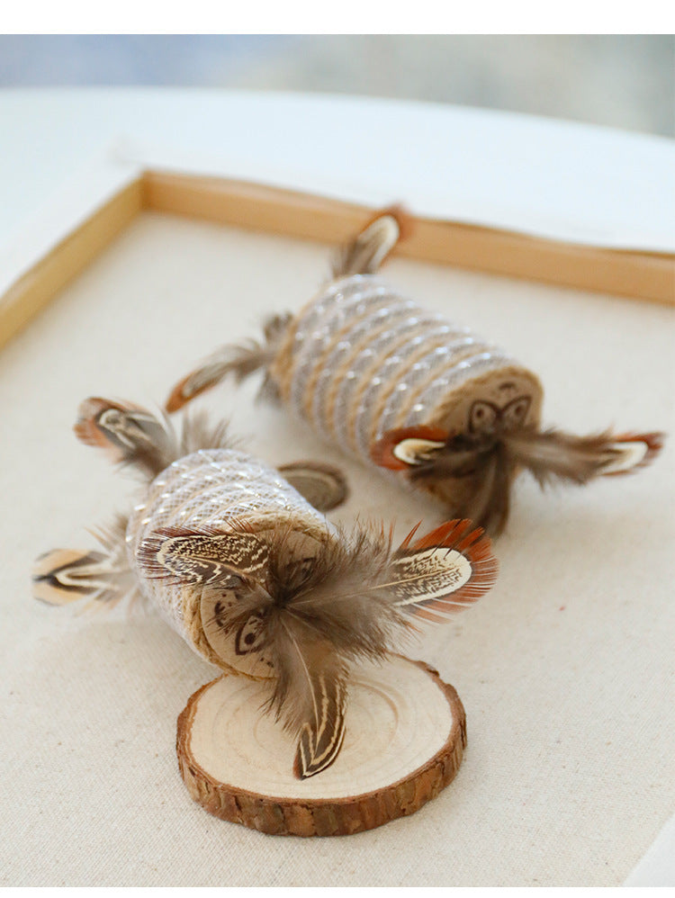 Toy With Cat Feathers Hemp Rope For Scratching Self-grinding Claw Sound Roller For Pets Bite Resistant Toy