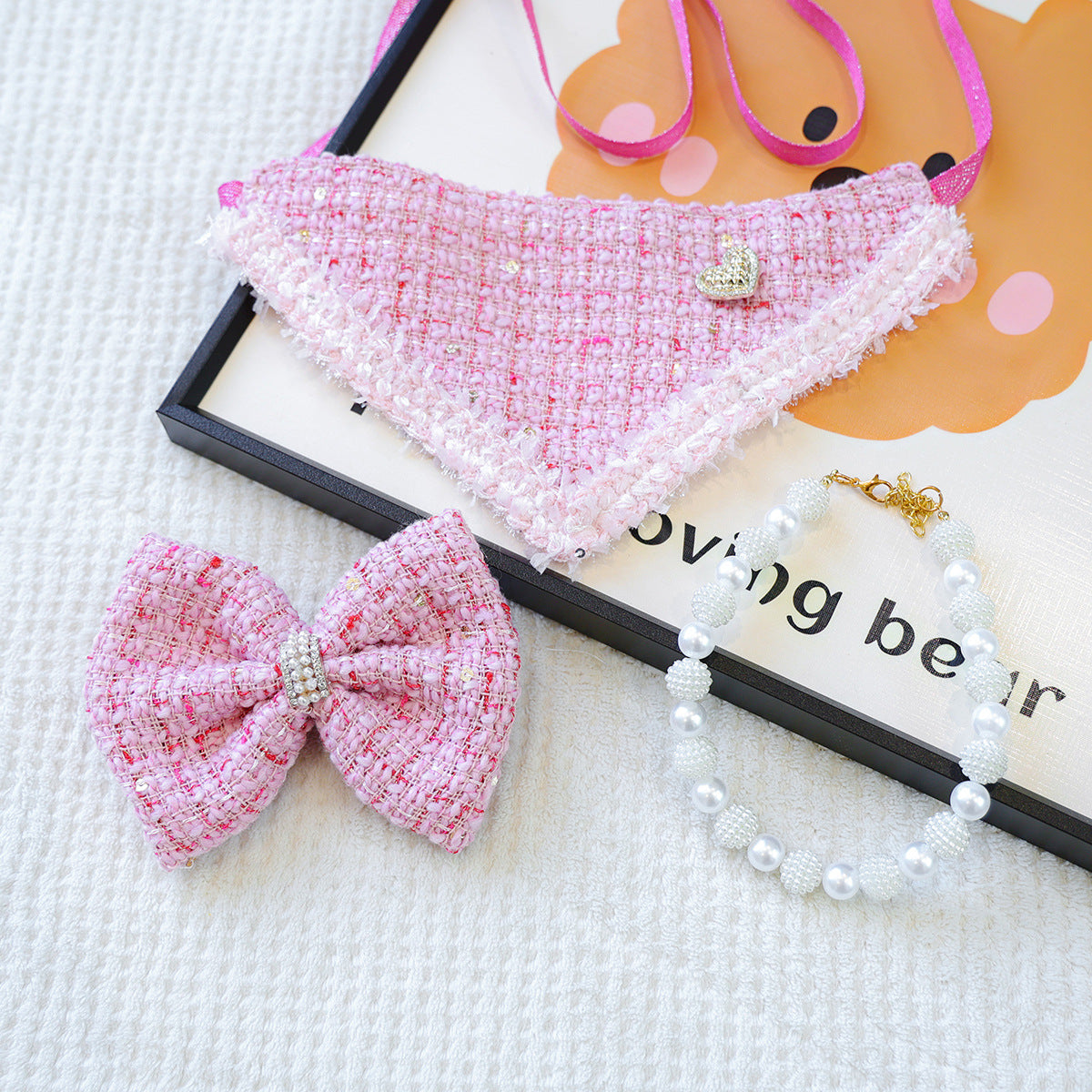 Cute Pet Chanel-Style Bow Hair Clip And Bib Accessory Set