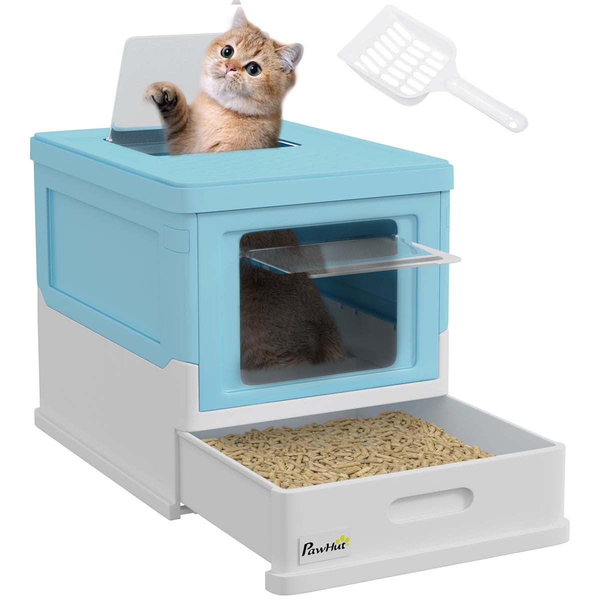 Hooded Cat Litter Box, Portable Pet Toilet, With Scoop, Front Entry - Light Blue