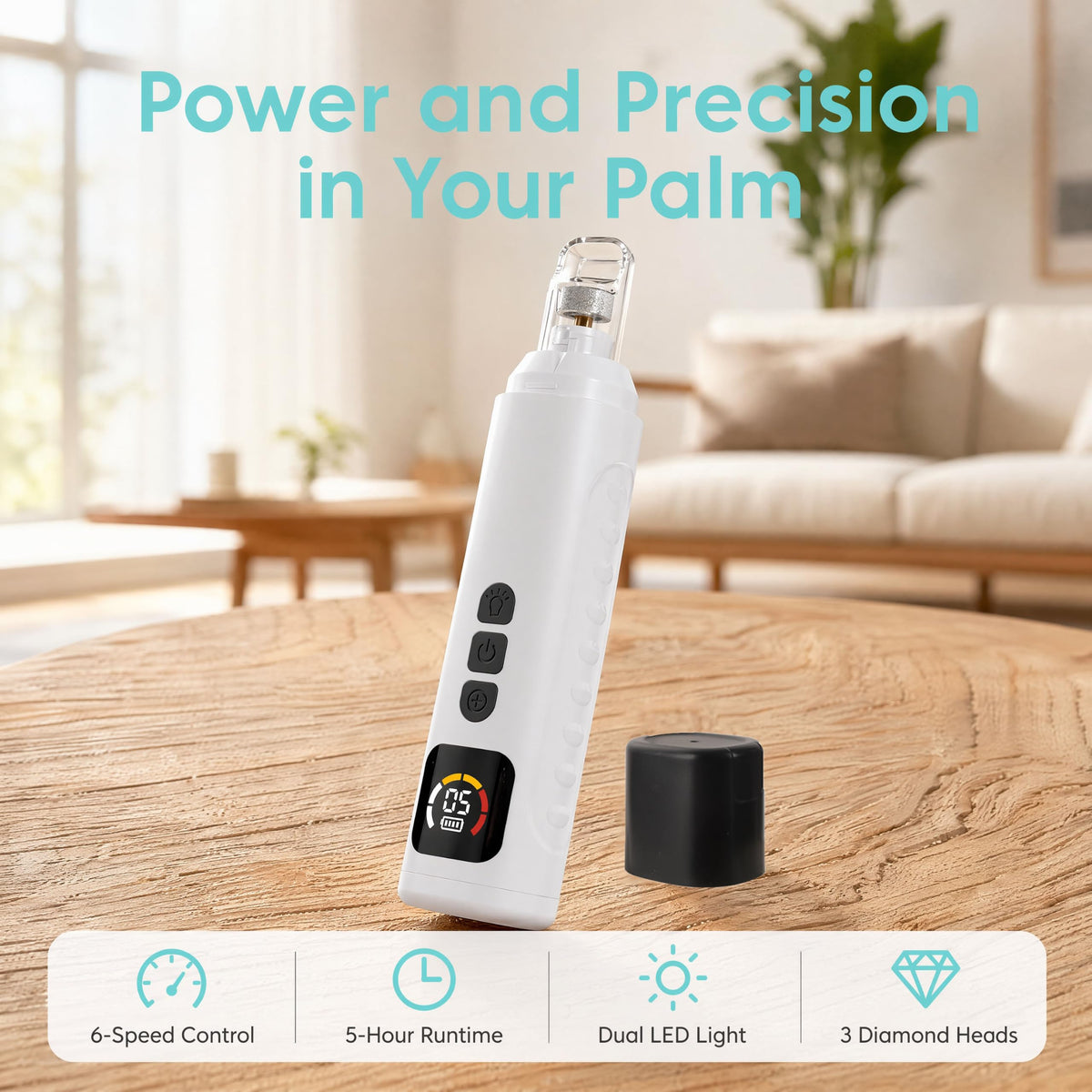 Dog Nail Grinder, Quiet Pet Nail Trimmer For Dogs And Cats 6 Speeds, Dual LED Lights, Rechargeable 5H Runtime, 3 Diamond Heads, For Small Medium Large Pets