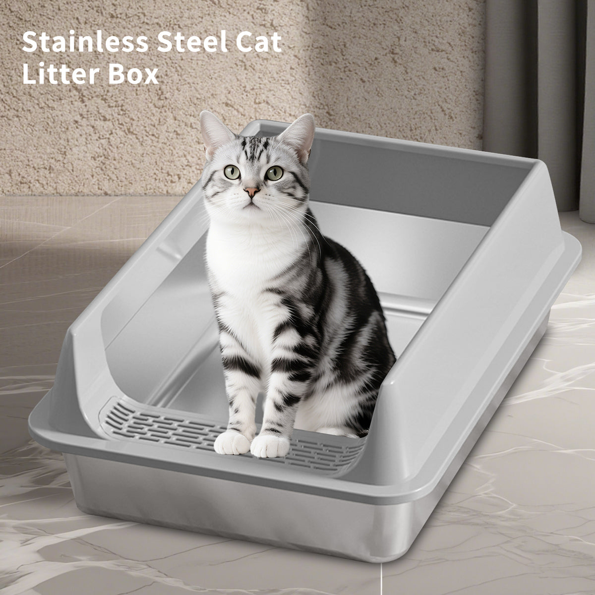 Stainless Steel Cat Litter Box, Semi Enclosed High Sided Metal Litter Pan With Sand-Shedding Pedal, Odor Resistant Anti Slip Cat Toilet