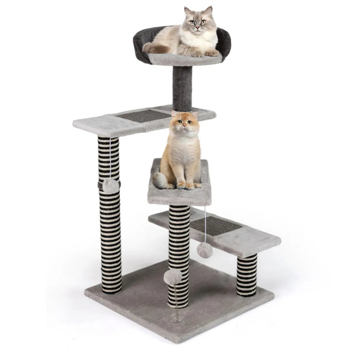 37" tall Cat Stairs with Scratching Mats - 3-Tier Perches, Spring Ball & Dangling Toys for Cats