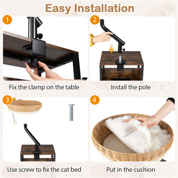 360 Rotatable Desktop Cat Bed Perch, 2-in-1 Workspace Cat Retreat With Jingling Ball Natural Black White