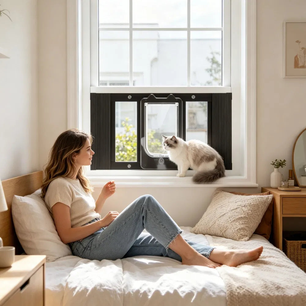 Cat Door for Window with Adjustable Length for Indoor