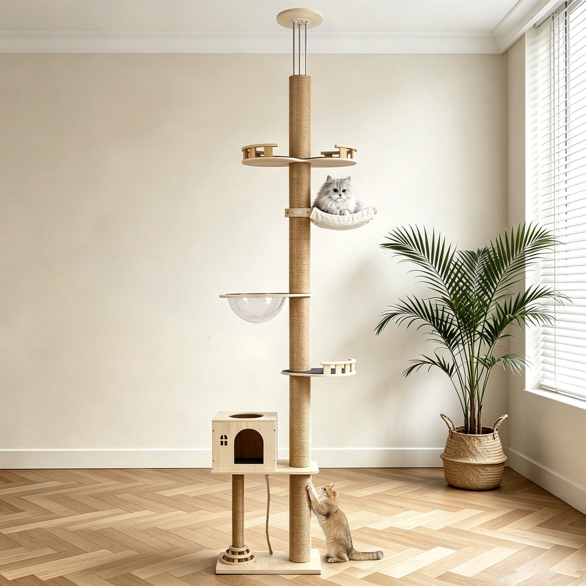 Floor-to-Ceiling Cat Tree With Natural Sisal Rope Scratching Post - Adjustable Height Modern Cat Activity Tree, Cat Scratcher Post