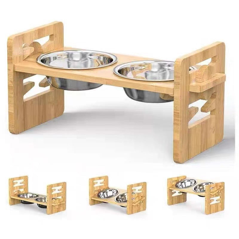 Bamboo And Wood Cat And Dog Bowl Rack, Pet Double-bowl Food And Water Bowls, For Small To Medium-sized Pets