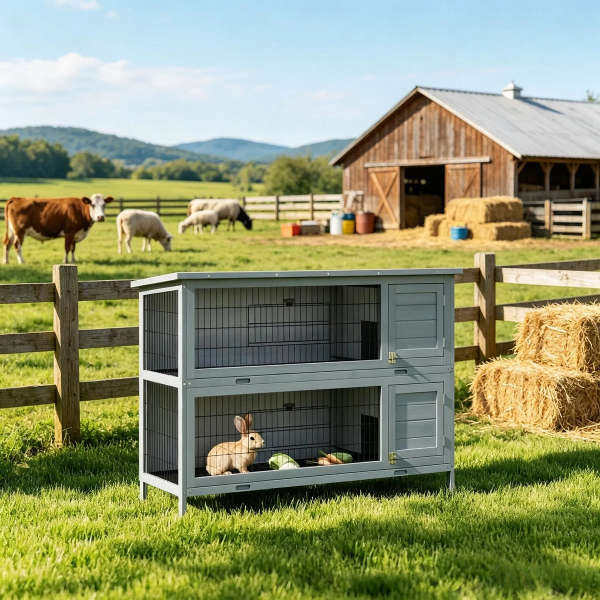54" 2-Story Large Rabbit Hutch, Bunny Cage, Wooden Pet House, Small Animal Habitat, Gray with Lockable Doors, Tray, Roof