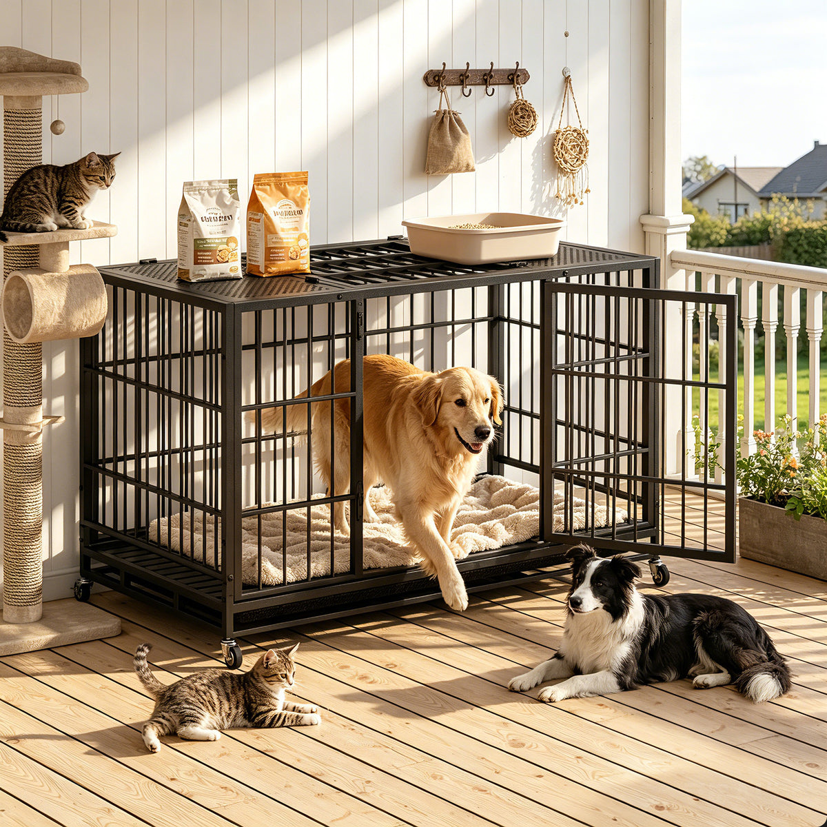 Heavy Duty Dog Crate , Mobile Pet Kennel with Lockable Wheels & Rotary Twist-Latch, Indoor Outdoor Metal Cage with Perforated Top