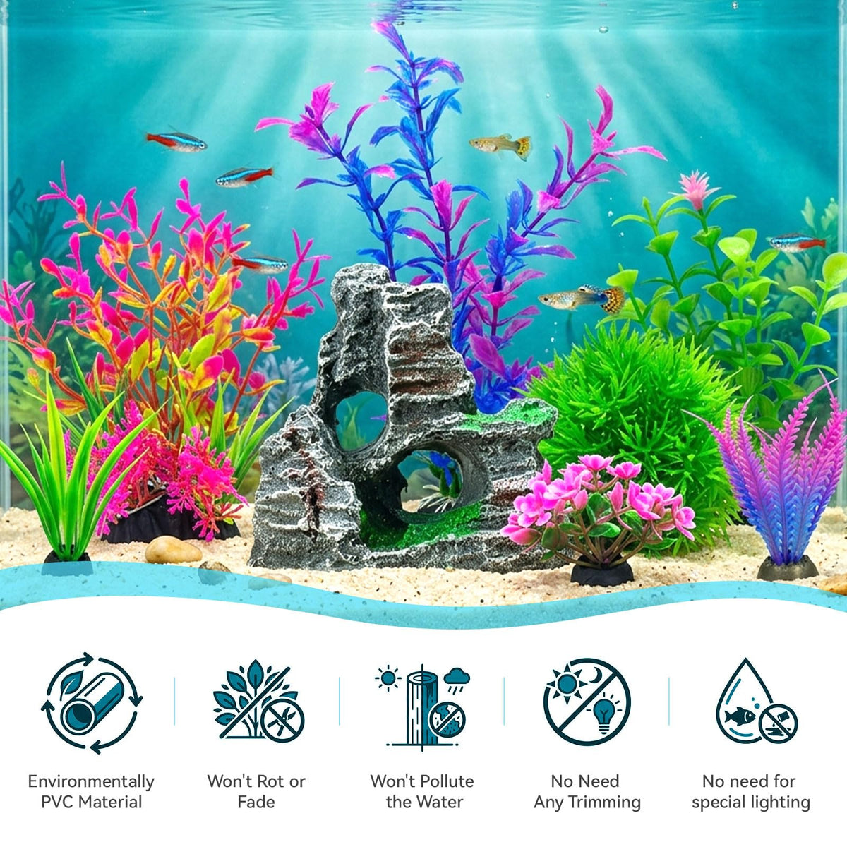 8Pcs Aquarium Decor Set, Artificial Plastic Plants And Rock Cave For Fish Tank Decorations, Goldfish Betta Fish Tank Accessories Supplies Realistic Small Large Fish Bowl Ornaments