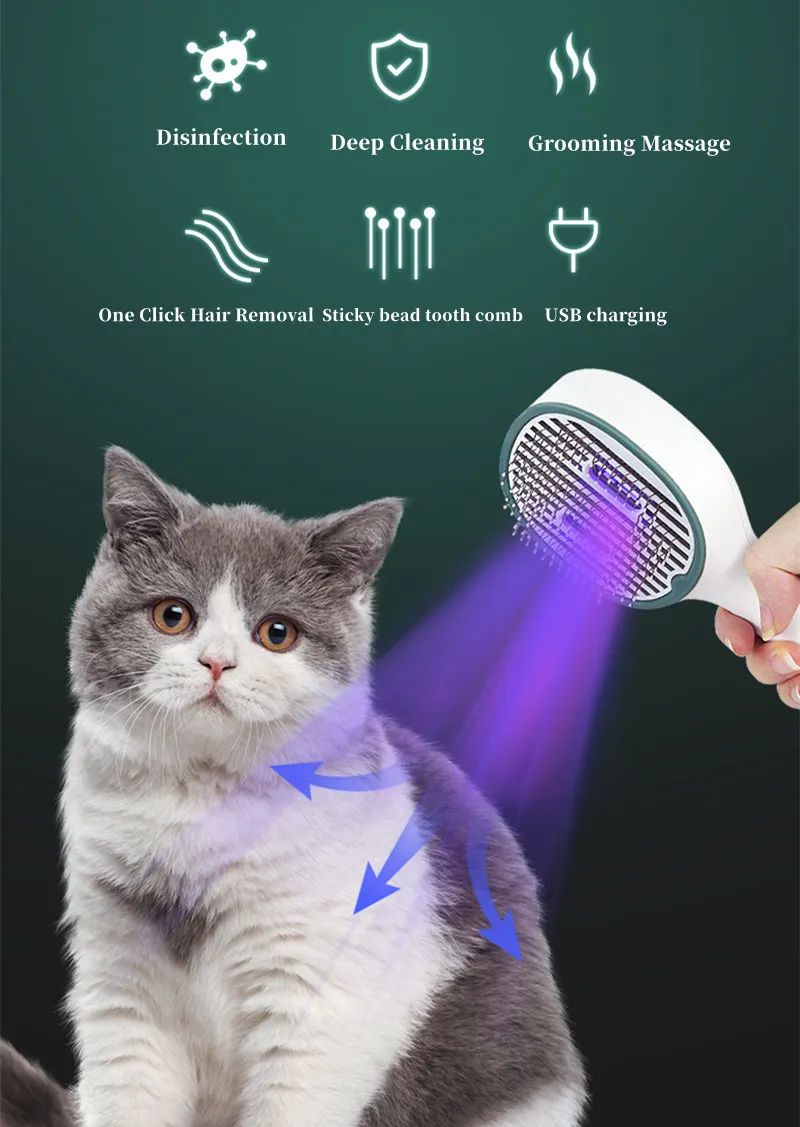 Cat Comb Dog Hair Remover Brush UVC Sterilization Pet Grooming Slicker Needle Comb Removes Tangled Self Cleaning Pet Supplies