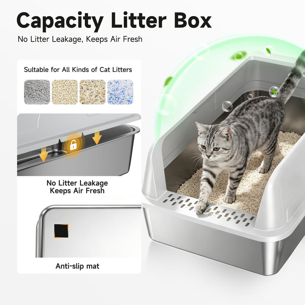 Stainless Steel Cat Litter Box For Cats, High-Sided Design Prevents Urine Leakage, Non-Stick, Easy To Clean, Includes Scoop, Gray