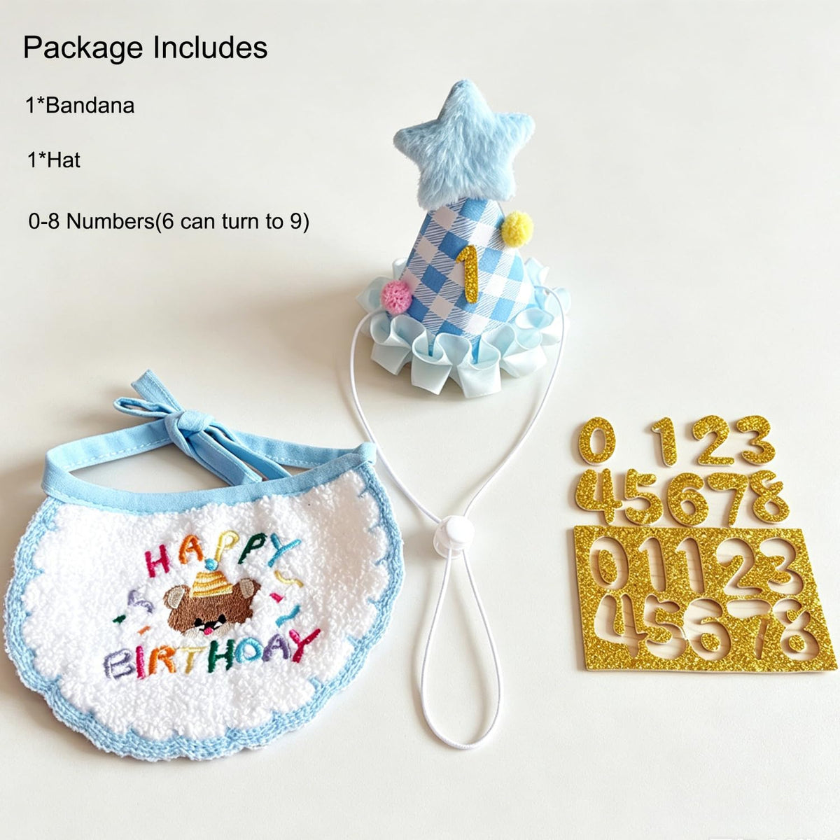 Cat Birthday Party Supplies, Cat Birthday Hat with Number and Star, Embroidered Happy Birthday Bandana for Kitten...