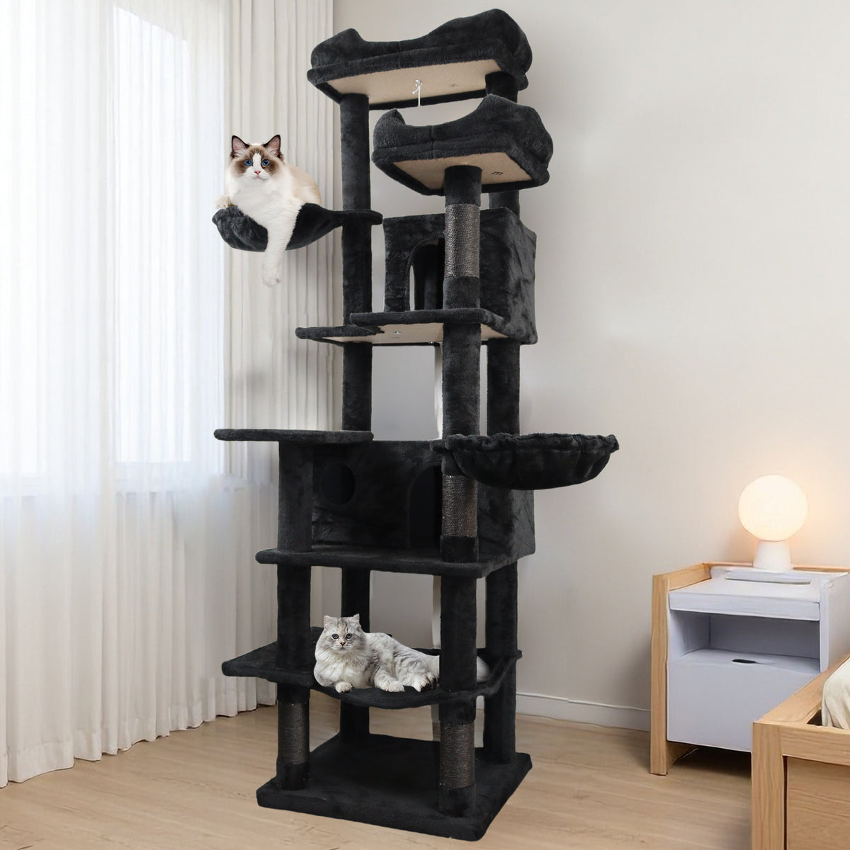 68in Tall Multi-Level Green Cat Tree with Hammocks, Hanging Basket, Cat Cave, Removeable Cushion, Scratching Posts - Plush Cat Tower for Indoor Cats, Perfect for Multiple Cats Black