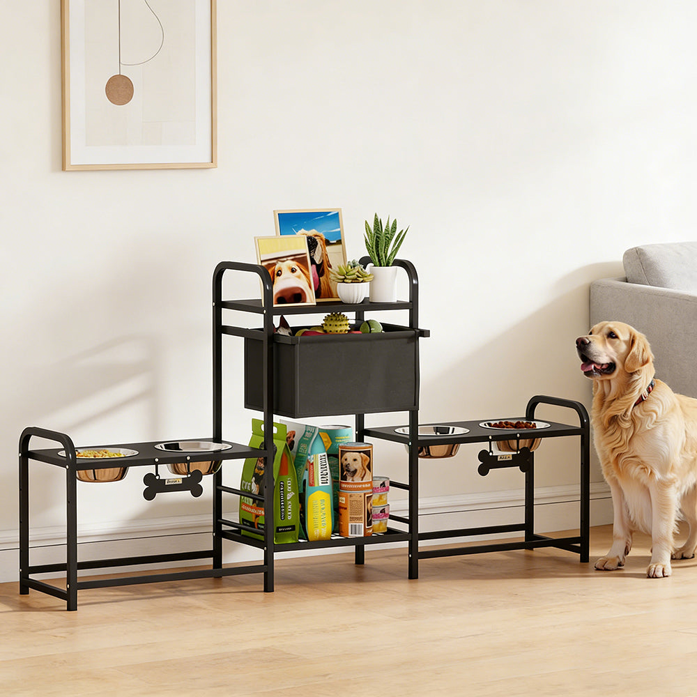 3 Height Adjustable Dog Bowl Stand Oxford Fabric With Features Four Bowls, Toy Bin Basket
