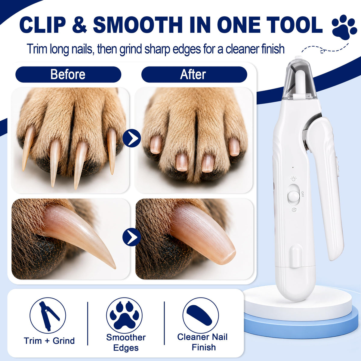 2-in-1 Dog Nail Clippers With Light - Electric Pet Nail Grinder Quiet For Small Large Dogs & Cats, LED Prevent Over Cutting, USB-C Rechargeable Safety Guard Grooming Kit For Black Nails