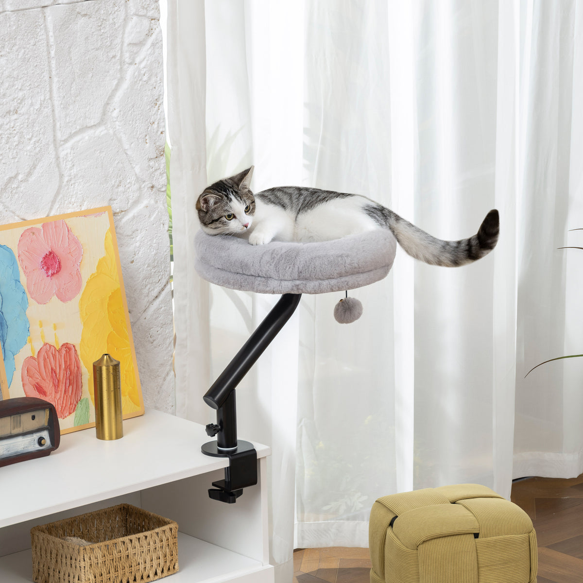 Cat Desk Bed, Cat Hammock 360degrees Rotatable Adjustable For Window, Table, Work, Grey