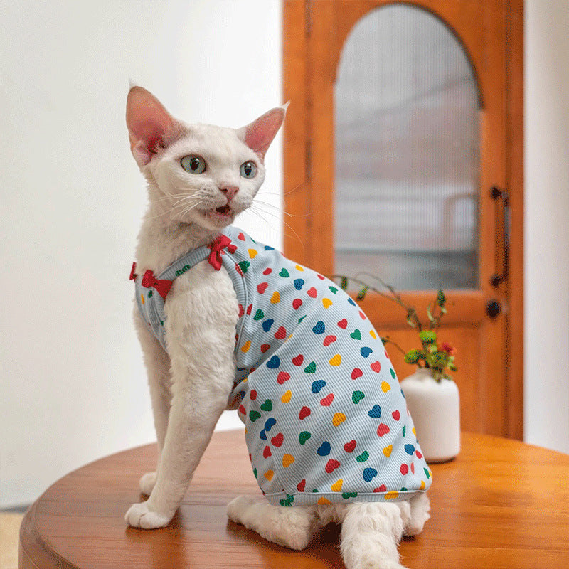 Sphynx Cat Summer Tank T-shirt Hearts Pattern With Bow Accents Stretchy Comfortable Skin-Friendly Clothes For Hairless Cat