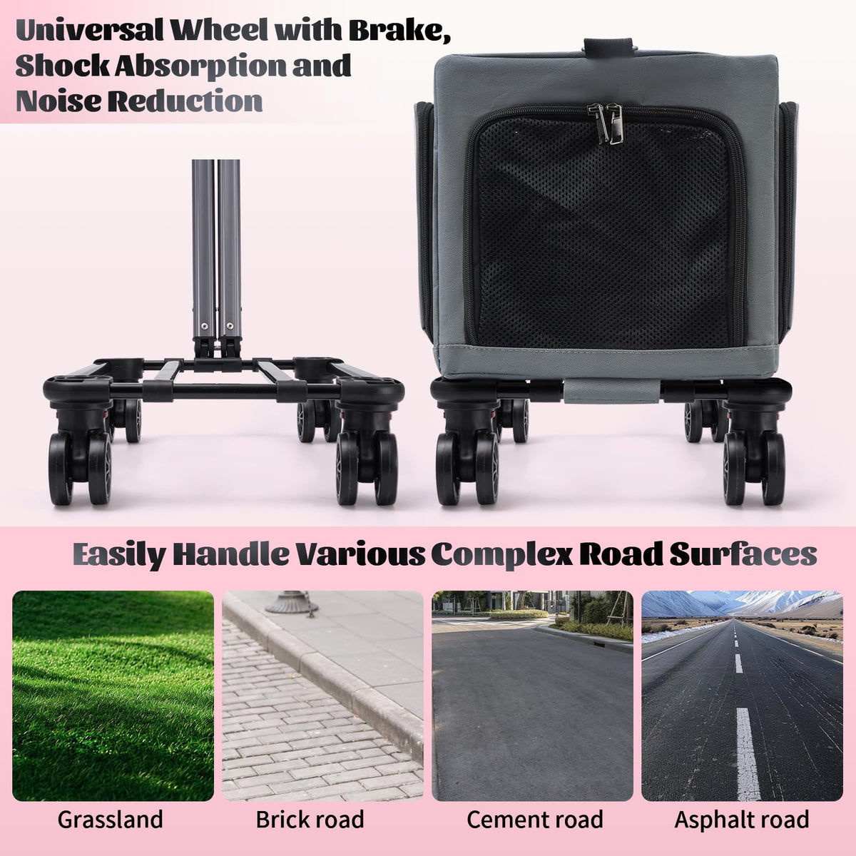 3-Sided Expandable Rolling Pet Carrier With Wheels, Small Cat Dog Travel Carrier, Foldable Portable Bag Grey For Travel Camping Vet Outdoor Indoor Use