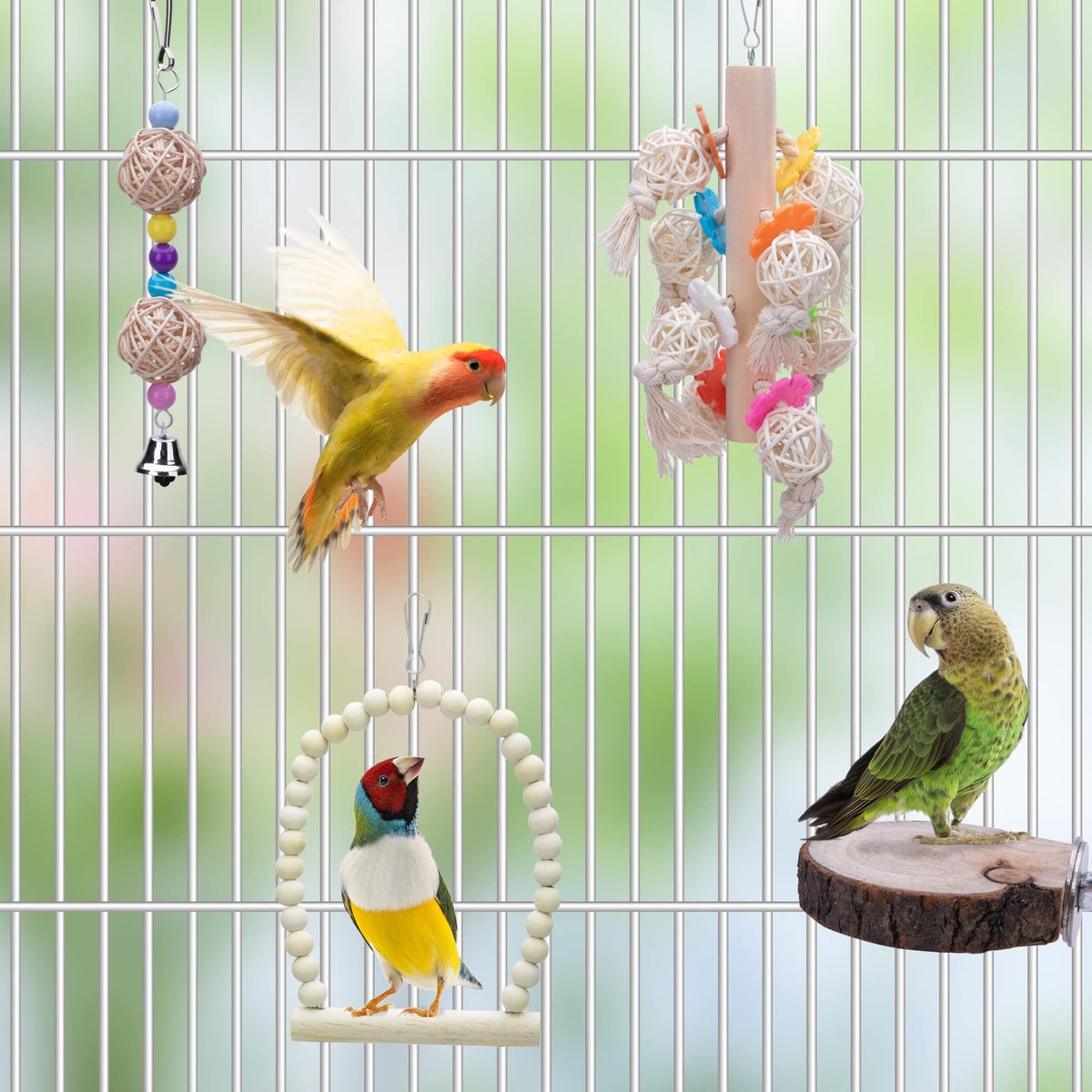 8 Packs Of Bird Parrot Swing Chewing Toys-Natural Wood Bird Climbing Hanging Cage Toys Suitable For Small Parakeets, Cockatiels, Conures, Finches,Budgie,Macaws, Parrots, Love Birds