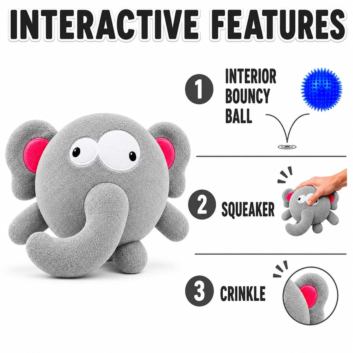 Dog Toy For Aggressive Chewers No Stuffing Crinkle Plush 3-in-1 Elephant , Durable Squeaky Bouncy Chew Ball Cleans Teeth, Power Chewer Puppy Teething Medium Large Breed Gift