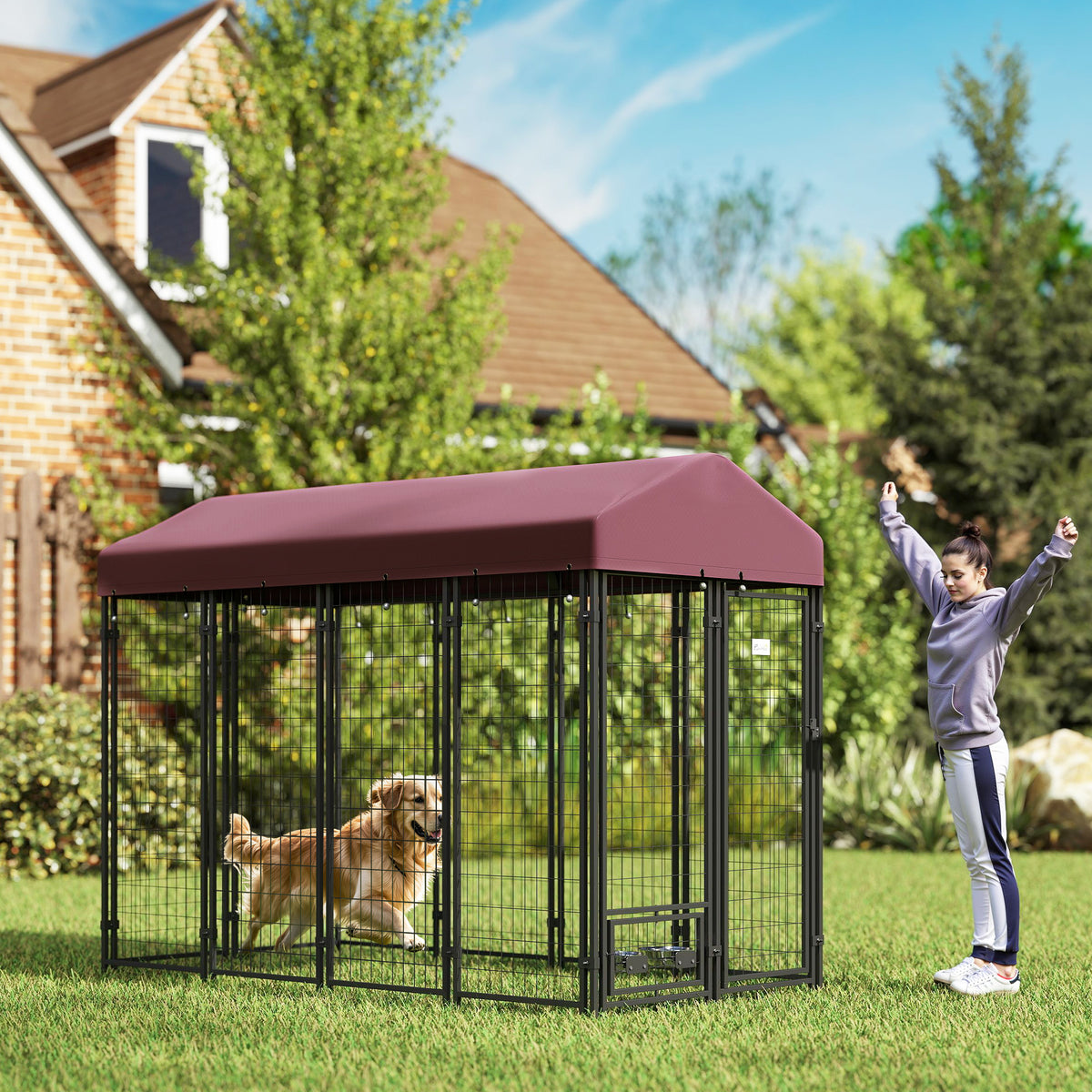 Outdoor Dog Kennel with Rotating Bowl Holders, Walk-in Pet Playpen with Waterproof Cover, 8 x 4 x 6, Red