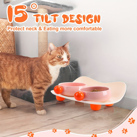 Elevated Ceramic Bowl for Cat Food Double Raised Bowl with Non Slip Support 2 Bowls for Cat Food and Water Washable...