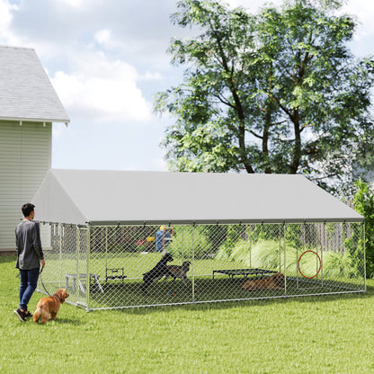 Heavy Duty Outdoor Dog Kennel with Waterproof Roof, 2 Secure Latches, Chain Link Dog Run for Backyard, 20 x 15 x 8