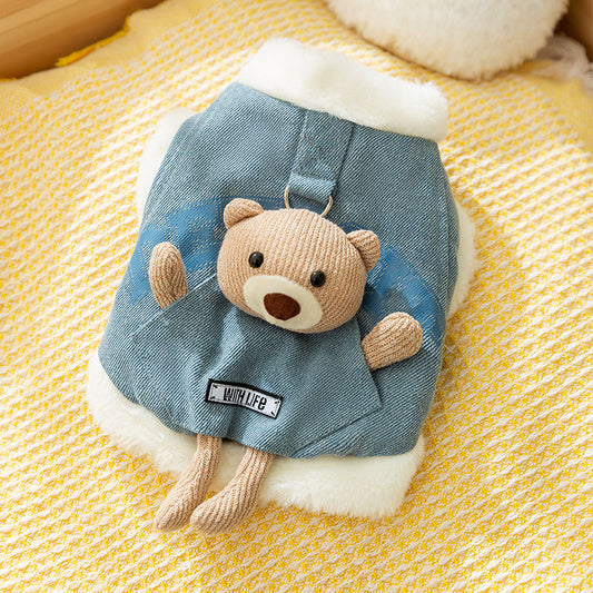 Autumn and Winter Korean-Style Dog Pocket Three-Dimensional Bear, Denim Towing Vest, Cat Cotton Coat, Warm Pet Dog...