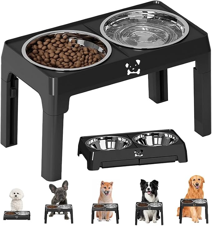 Elevated Dog Bowl 2 Stainless Steel Bowls, 5 Height Adjustable Stands Pet Medium And Large Dog Bowl Improves Digestion And Neck Support, Easy To Clean