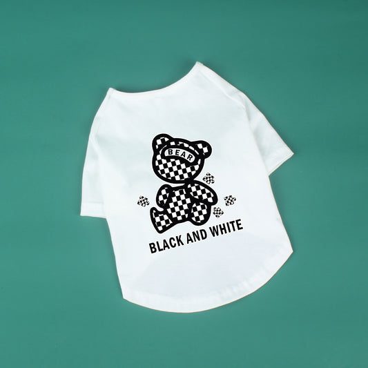 Cotton Short Sleeve Black and White Plaid Bear - Pet Clothing