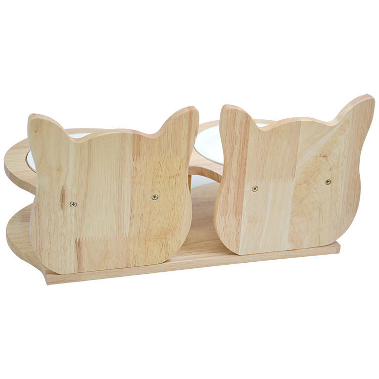 Bamboo And Wood Pet Cat Food Stand With Ceramic Bowl Tray